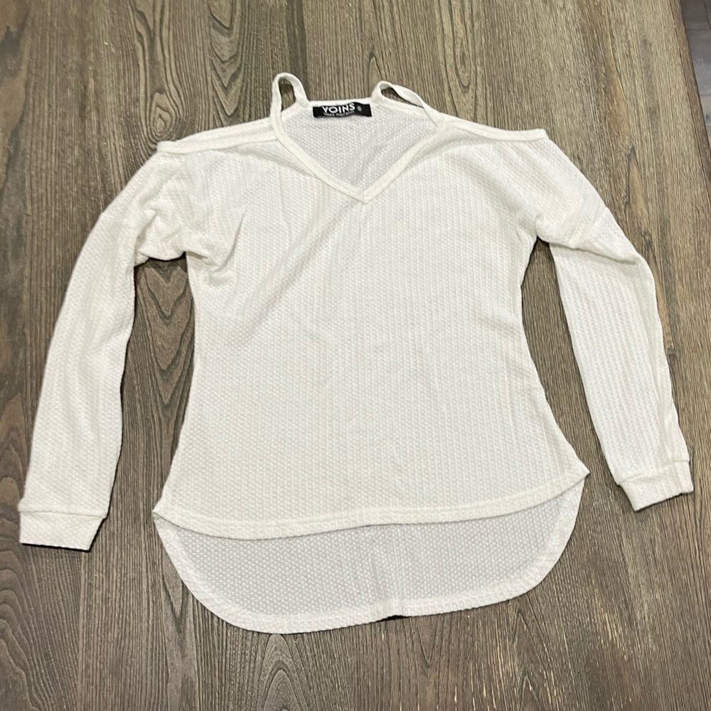Yoins Your Inspiration Thermal Top Cold Shoulder Hi-Low Hem Long Sleeve White  S